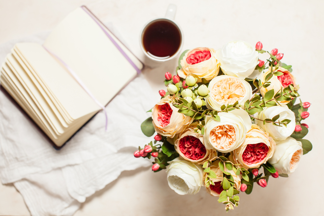 Bouquet with Notebook and Tea 